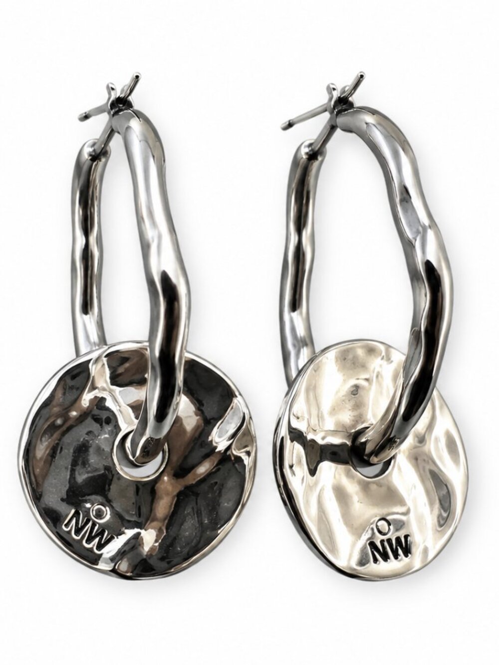 Nine West Silver Tone Sculptural Wavy Hoop Hammered Disc Earrings